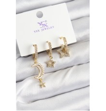 Pirinç Zİrkon Taşlı Ay Ve Hilal Model Gold Renk 3'lü Kadın Küpe