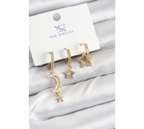 Pirinç Zİrkon Taşlı Ay Ve Hilal Model Gold Renk 3'lü Kadın Küpe