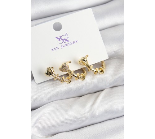 Pirinç Zİrkon Taşlı Kalp Model Gold Renk 3'lü Kadın Küpe