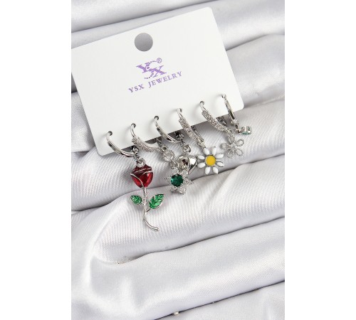 Pirinç Zİrkon Taşlı Gül Ve Papatya Model Gümüş Renk 3'lü Çift Kadın Küpe