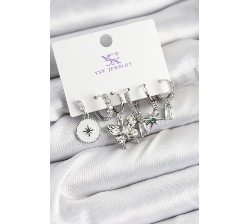 Pirinç Zİrkon Taşlı Kelebek ve Yıldız Model Gümüş Renk 3'lü Çift Kadın Küpe