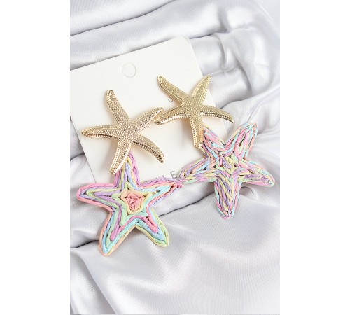 Pirinç Sallantılı Rainbow Deniz Yıldızı Model Gold Renk Hasır Küpe