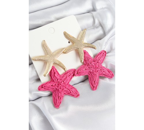 Pirinç Sallantılı Pembe Deniz Yıldızı Model Gold Renk Hasır Küpe