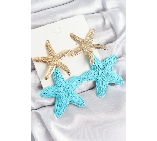 Pirinç Sallantılı Turkuaz Deniz Yıldızı Model Gold Renk Hasır Küpe