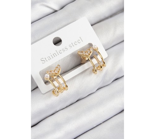 Pirinç Zirkon Taşlı İnci Detaylı Balık Kuyruğu Model Gold Renk Kadın Küpe