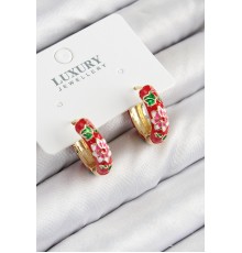 Pirinç Gold Renk Kırmızı Çiçek İşleme Mineli Kadın Küpe