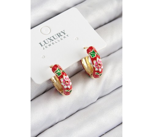 Pirinç Gold Renk Kırmızı Çiçek İşleme Mineli Kadın Küpe