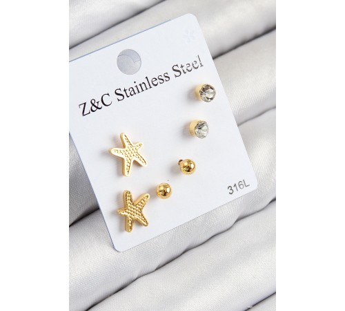 316L Çelik Zirkon Taşlı Deniz Yıldızı Model Gümüş Renk Kadın Set Küpe