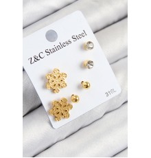 316L Çelik Zirkon Taşlı Kar Tanesi Model Gold Renk Kadın Set Küpe