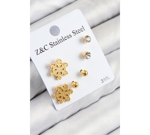 316L Çelik Zirkon Taşlı Kar Tanesi Model Gold Renk Kadın Set Küpe