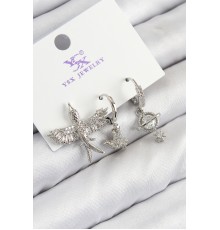 Pirinç Zirkon Taşlı 3'lü Kuş Model Gümüş Renk Kadın Küpe