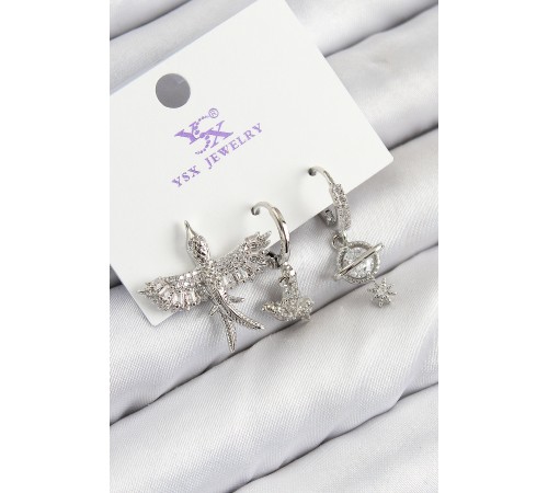 Pirinç Zirkon Taşlı 3'lü Kuş Model Gümüş Renk Kadın Küpe