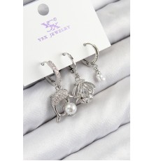 Pirinç Zirkon Taşlı 3'lü Yunus Balığı Ve İstiridye Model Gümüş Renk Kadın Küpe