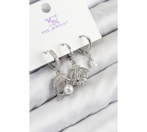 Pirinç Zirkon Taşlı 3'lü Yunus Balığı Ve İstiridye Model Gümüş Renk Kadın Küpe