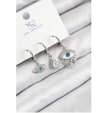 Pirinç Zirkon Taşlı 3'lü Fatma'nın Gözü Model Gümüş Renk Kadın Küpe