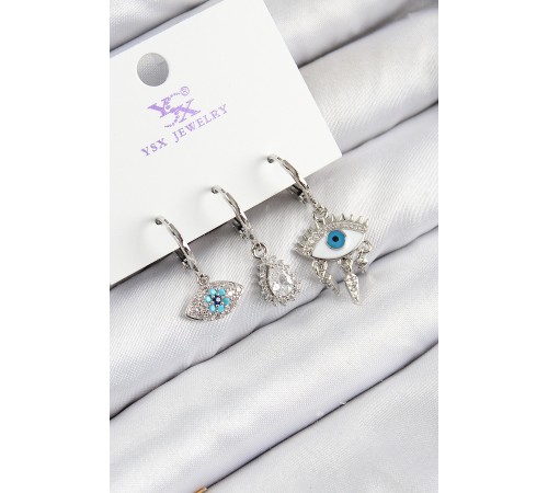 Pirinç Zirkon Taşlı 3'lü Fatma'nın Gözü Model Gümüş Renk Kadın Küpe