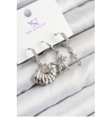 Pirinç Zirkon Taşlı 3'lü Yıldız Ve İstiridye Model Gümüş Renk Kadın Küpe