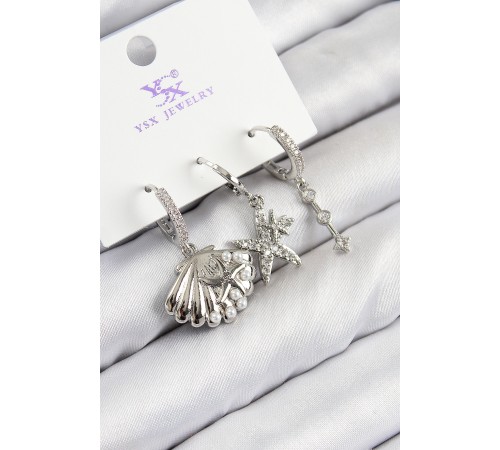 Pirinç Zirkon Taşlı 3'lü Yıldız Ve İstiridye Model Gümüş Renk Kadın Küpe