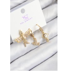 Pirinç Zirkon Taşlı 3'lü Kuş Model Gold Renk Kadın Küpe