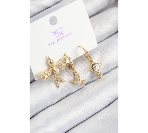 Pirinç Zirkon Taşlı 3'lü Kuş Model Gold Renk Kadın Küpe