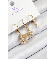 Pirinç Zirkon Taşlı 3'lü İstiridye Ve Yıldız Model Gold Renk Kadın Küpe