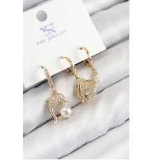 Pirinç Zirkon Taşlı 3'lü Yunus Balığı Ve İstiridye Model Gold Renk Kadın Küpe