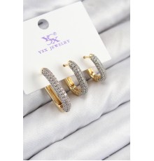 Pirinç Zirkon Taşlı 3'lü Oval Dikdörtgen Model Gold Ve Gümüş Renk Kadın Küpe