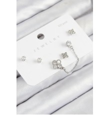 Pirinç Zirkon Taşlı Yonca Model Gümüş Renk 925 Ayar Gümüş Çivi Kadın Küpe Set