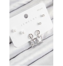 Pirinç Zirkon Taşlı Sallantılı Kare Model Gümüş Renk 925 Ayar Gümüş Çivi Kadın Küpe Set