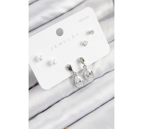 Pirinç Zirkon Taşlı Sallantılı Damla Model Gümüş Renk 925 Ayar Gümüş Çivi Kadın Küpe Set