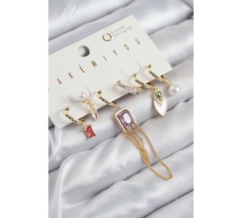 Pirinç Zirkon Taşlı Sallantılı Ve İncili Gold Renk 6'lı Küpe Set