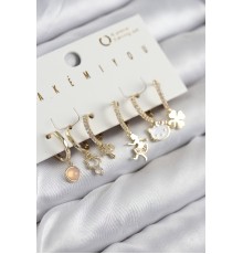 Pirinç Zirkon Taşlı Hello Kity Ve Yonca Model Gold Renk 6'lı Küpe Set