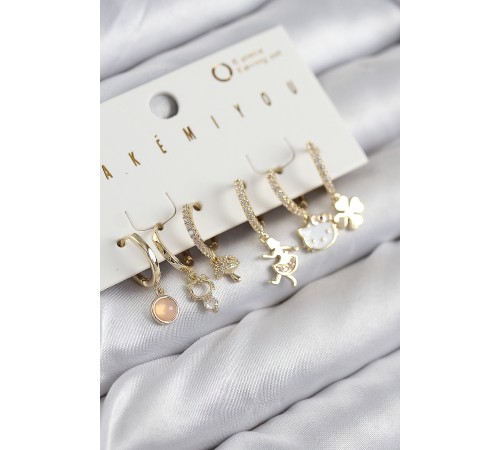 Pirinç Zirkon Taşlı Hello Kity Ve Yonca Model Gold Renk 6'lı Küpe Set