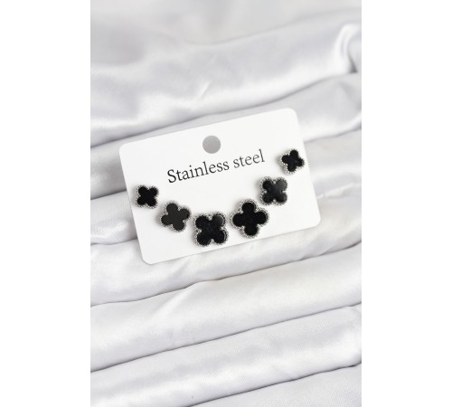 316L Çelik Gümüş Siyah Renk 3 Boy Yonca Küpe Seti