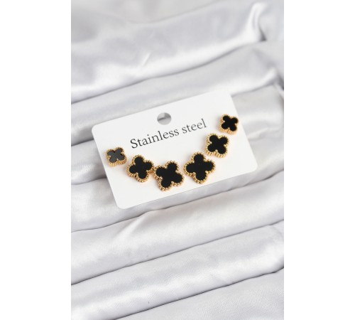 316L Çelik Gold Siyah Renk 3 Boy Yonca Küpe Seti