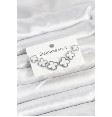 316L Çelik Gümüş Beyaz Renk 3 Boy Yonca Küpe Seti