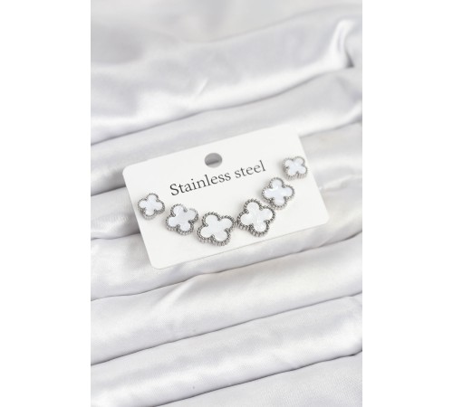 316L Çelik Gümüş Beyaz Renk 3 Boy Yonca Küpe Seti