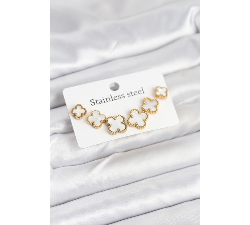 316L Çelik Gold Beyaz Renk 3 Boy Yonca Küpe Seti