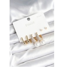 Pirinç Gold Renk Zirkon Taşlı İnci Detaylı 925 Ayar Gümüş Çivili Kadın Küpe Seti