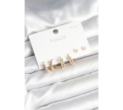 Pirinç Gold Renk Zirkon Taşlı 925 Gümüş Çivili Kadın Küpe Seti