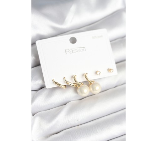 Gold Renk Pirinç 925 Ayar Gümüş Çivili Kadın Küpe Seti