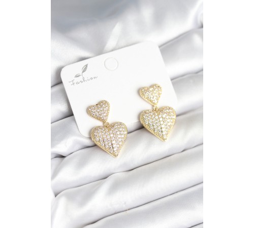 Kalp Model Zirkon Taşlı Gold Renk Pirinç Kadın Küpe