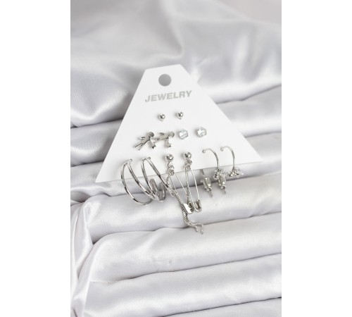 Pirinç Gümüş Renk 6'lı Kadın Küpe Seti