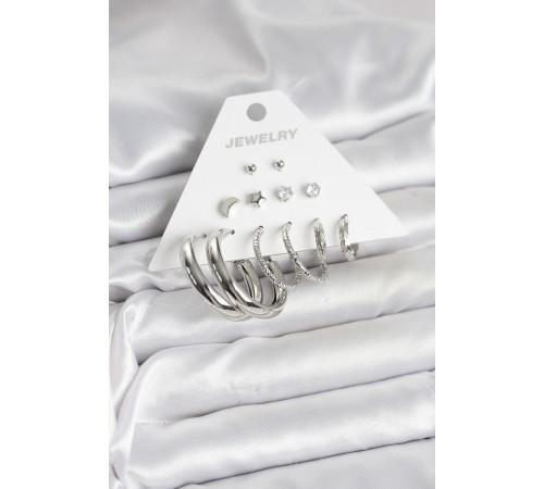 Pirinç Gümüş Renk Halka Modelli 6 Çift Kadın Küpe