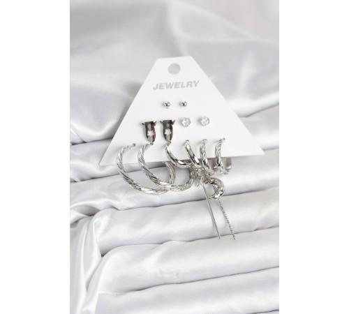 Gümüş Renk Pirinç 6'lı Kadın Küpe Seti