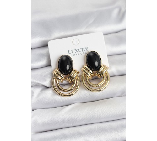 Pirinç Gold Renk Siyah Taşlı Vintage Kadın Küpe