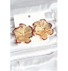 Pirinç Gold Renk Bordo Renk Detaylı Lotus Kadın Küpe