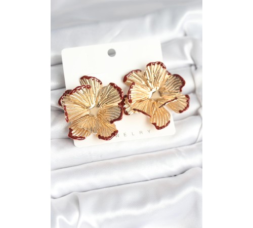 Pirinç Gold Renk Bordo Renk Detaylı Lotus Kadın Küpe