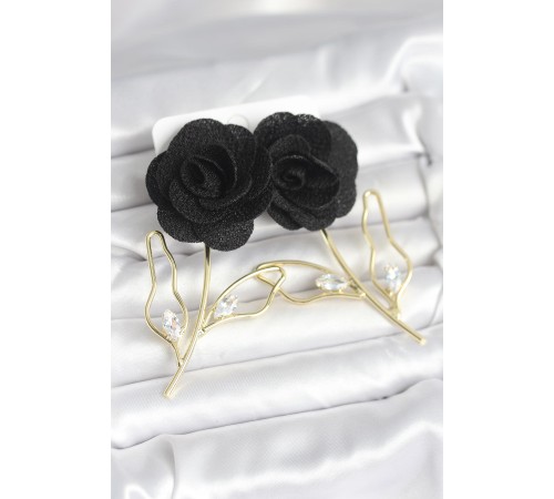 Pirinç Gold Renk Siyah Gül Model Kadın Küpe