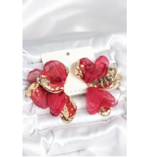 Pirinç Gold Renk Bordo Tüllü Lotus Kadın Küpe